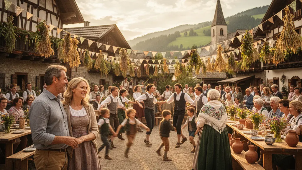 Dorffest-Szene mit festlich gekleideten Menschen verschiedener Generationen, die gemeinsam ein lokales Brauchtum feiern und so Gemeinschaft und Zugehoerigkeit verkörpern.