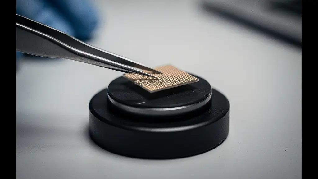 Makroaufnahme einer neutralen Laborpinzette, die ein winziges, strukturiertes Materialmuster auf einer Halterung positioniert