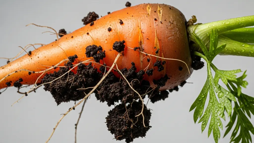 Makroaufnahme von krümeliger Erde an einer frisch geernteten Wurzel mit feinen Wurzelhaaren und einem Blatt mit Tautropfen.