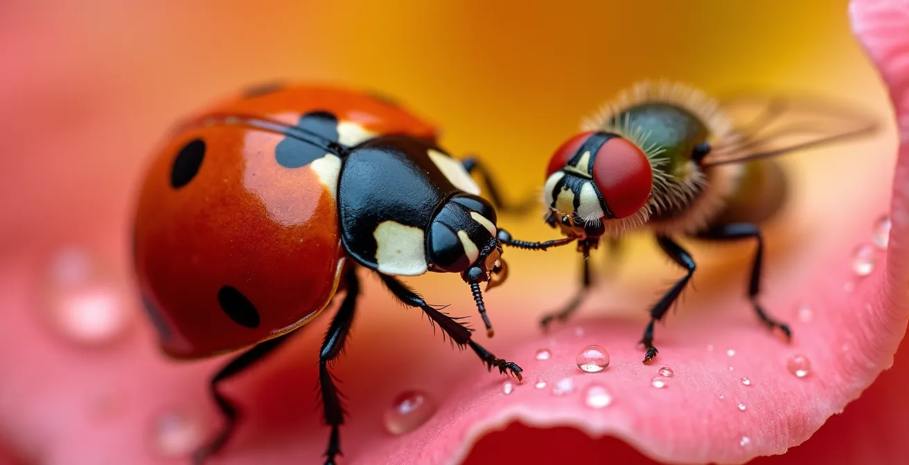 Nahaufnahme von Marienkäfer und Schwebfliegenlarve auf Blütenblatt mit Blattläusen