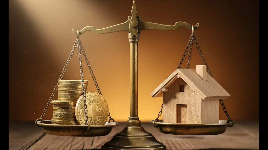 Symbolische Darstellung einer Waage mit Goldmuenzen und einem Modellhaus als Metapher fuer die Mehrwertabgabe bei Zonenplanänderungen in der Schweiz