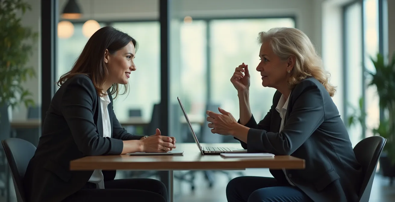 Professionelle Mentorin berät junge Tech-Expertin in modernem Büroumfeld