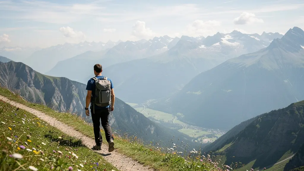 Einsamer Wanderer mit leichtem Rucksack auf einem Schweizer Bergweg bei klarer Sicht auf die Alpen