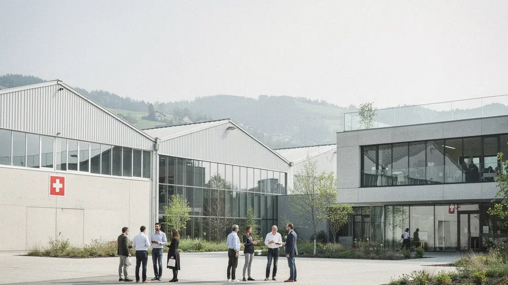 Weite, minimalistische Aufnahme eines modernen Innovationscampus nahe Zürich mit viel freiem Himmel als Negativraum