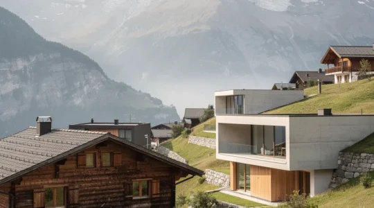 Moderne Gebäude neben traditionellen Holzhäusern in einem Schweizer Bergdorf mit Alpenpanorama