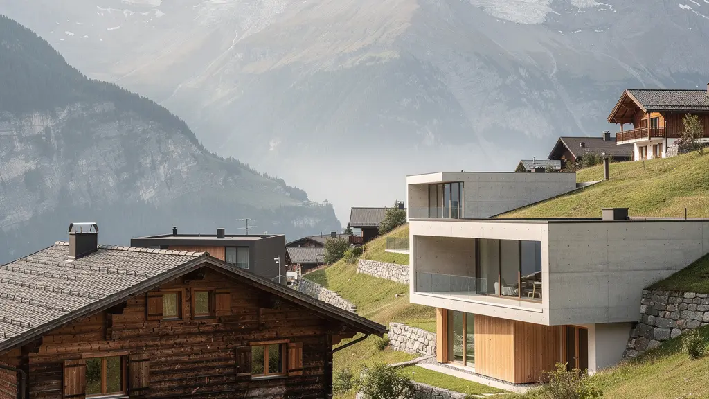 Moderne Gebäude neben traditionellen Holzhäusern in einem Schweizer Bergdorf mit Alpenpanorama