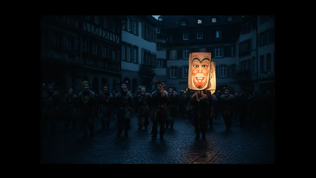 Weite Szene in der dunklen Basler Altstadt: Silhouetten maskierter Formationen und leuchtende Laternen kurz nach 4 Uhr morgens, mit viel Negativraum.