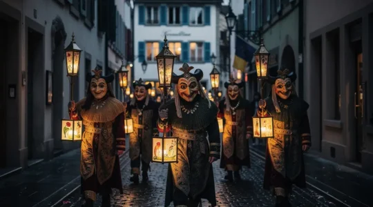 Maskierte Fasnaechtler mit Laternen in der dunklen Basler Altstadt beim Morgenstreich, mit viel freiem Raum im Bild.
