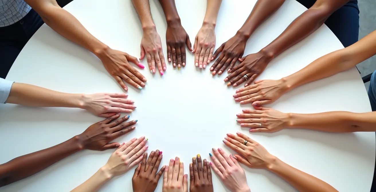 Diverse Hände formen gemeinsam einen Kreis über einem Arbeitstisch