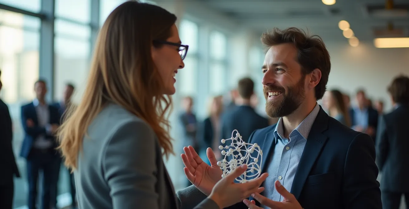 Zwei Personen, ein Wissenschaftler und ein Industriemanager, im intensiven Gespräch auf einer Fachkonferenz.