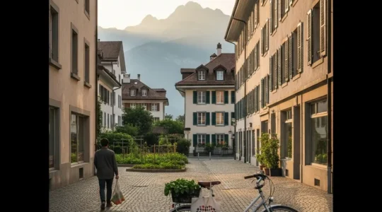 Blick auf eine Schweizer Stadtszene mit nachhaltigen Alltagselementen wie Velo, Stofftasche und Grünflächen