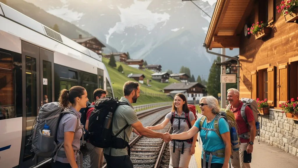 Wanderer steigen aus Bergbahn mit Panoramablick auf Alpengipfel