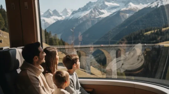 Familie betrachtet schweizer Bergpanorama aus Panoramazugfenster