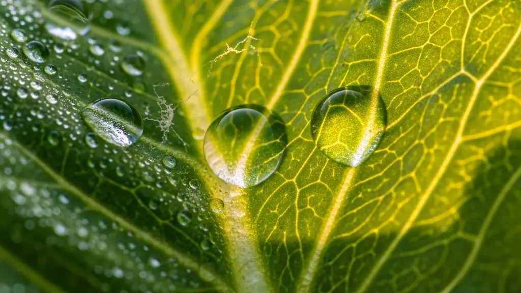 Extreme Nahaufnahme von Tautropfen auf einem Salatblatt auf einem Schweizer Bio-Feld als Symbol fuer unsichtbare Umwelteinfluesse