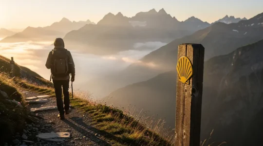 Pilger auf dem Jakobsweg durch die Schweizer Alpen bei Sonnenaufgang