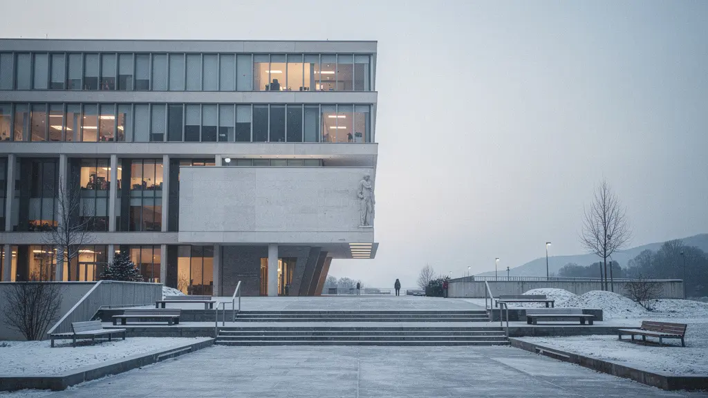 Weitwinkelaufnahme eines ruhigen Schweizer Regierungsgebäudes in der Dämmerung als Symbol für stabile, planbare Gesetzgebung.