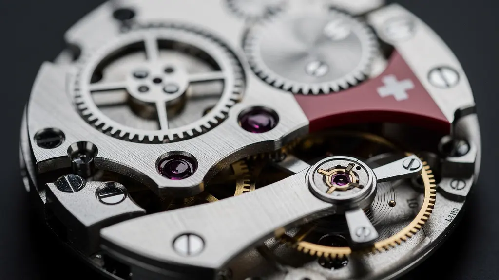 Makroaufnahme eines hochpräzisen, markenlosen Uhrwerks als Metapher für Schweizer Premiumqualität und Stabilität trotz starkem Franken.