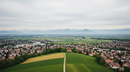 Luftaufnahme einer Schweizer Gemeinde an der Grenze zwischen Bauzone und Landwirtschaftszone als Sinnbild für das Raumplanungsgesetz