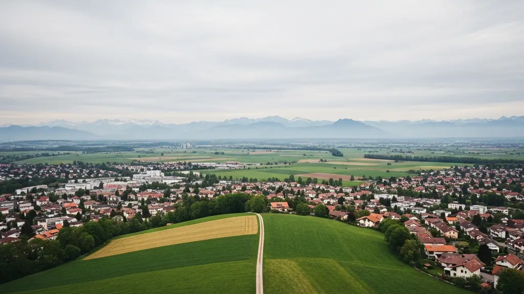 Luftaufnahme einer Schweizer Gemeinde an der Grenze zwischen Bauzone und Landwirtschaftszone als Sinnbild für das Raumplanungsgesetz