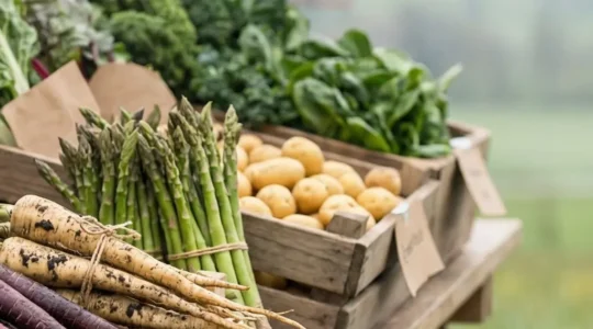Frisches regionales Gemüse auf einem Schweizer Wochenmarkt mit saisonalen Zutaten in natürlichem Licht