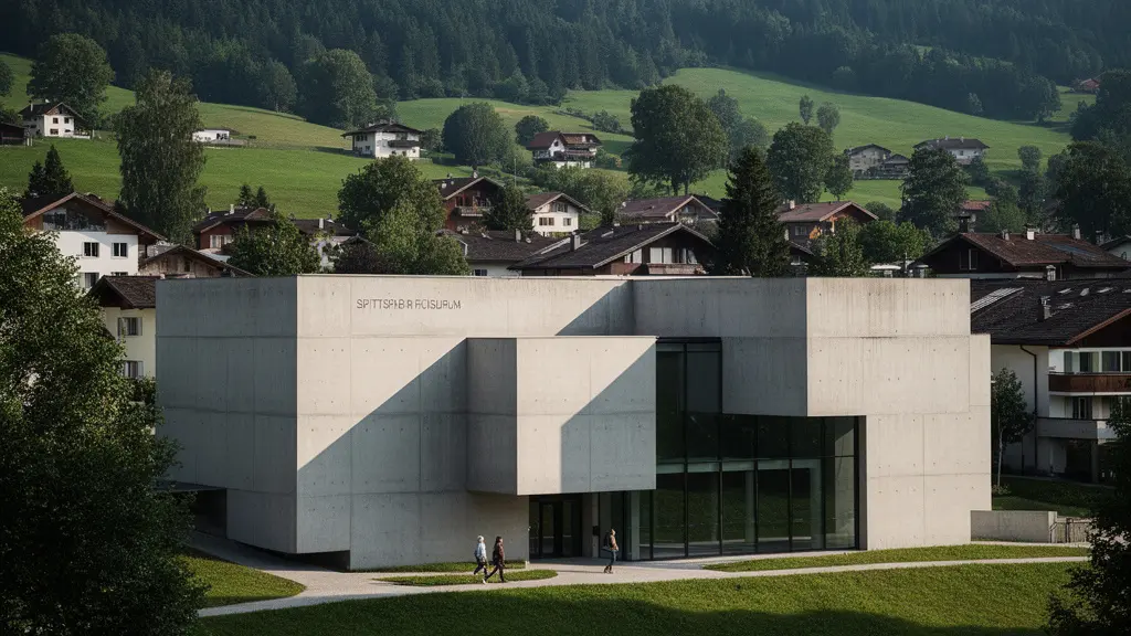 Modernes Regionalmuseum mit klarer Betonarchitektur und ruhiger Besucheratmosphäre