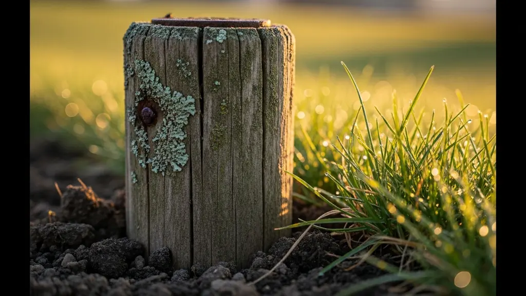Nahaufnahme eines verwitterten Grenzpflocks zwischen Bauland und Landwirtschaftszone als Symbol für den Wertverlust bei Rückzonungen