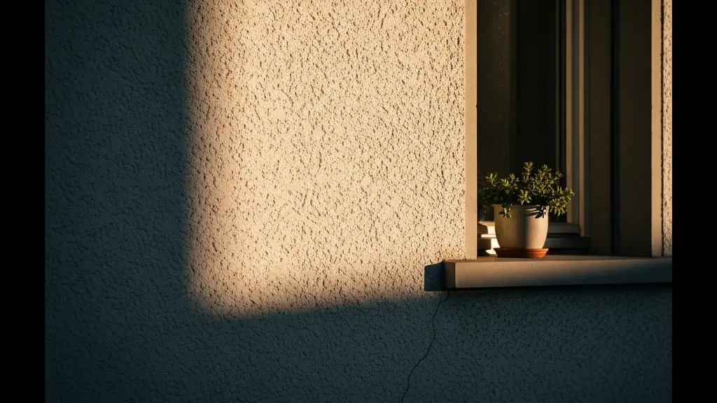 Dramatischer Schattenwurf eines hohen Wohnblocks auf ein niedrigeres Einfamilienhaus in einer dicht bebauten Schweizer Agglomeration