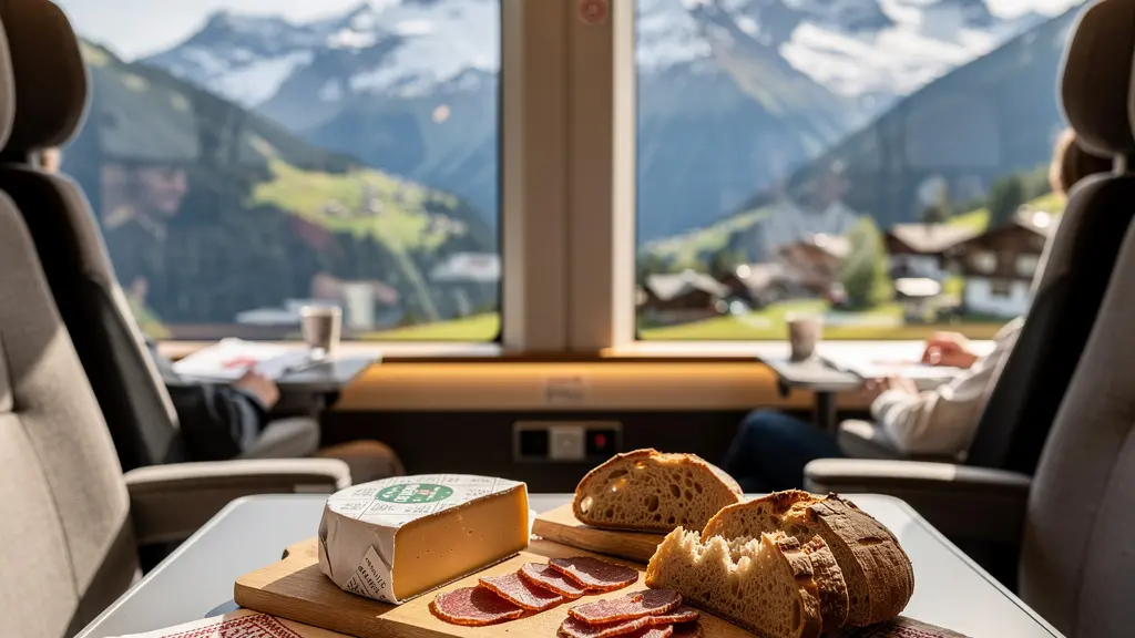 Panoramazug durch Schweizer Alpenlandschaft mit regionalen Spezialitäten im Vordergrund