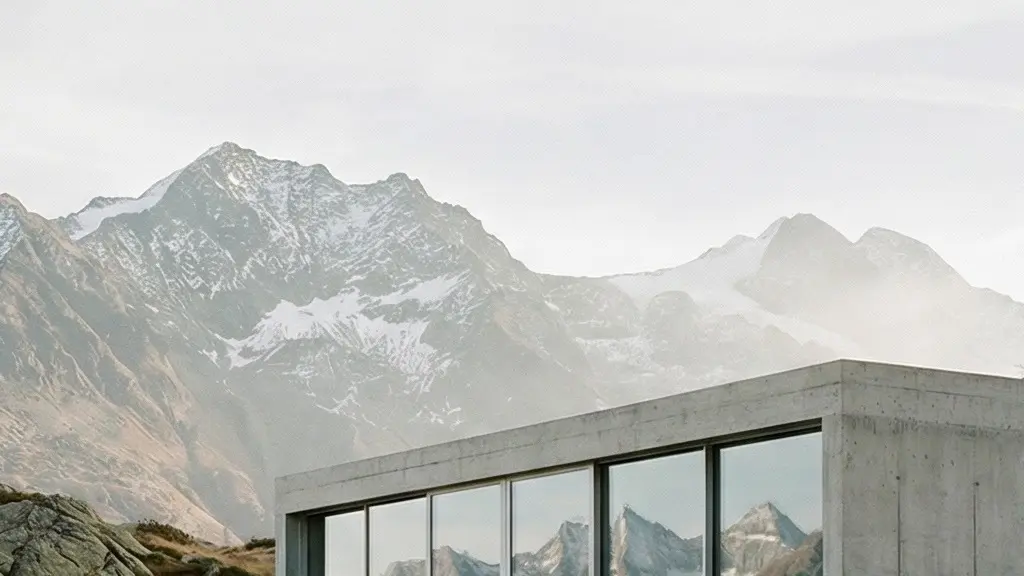 Moderne Sichtbeton-Architektur in den Schweizer Alpen, die sich harmonisch in die Berglandschaft einfügt.