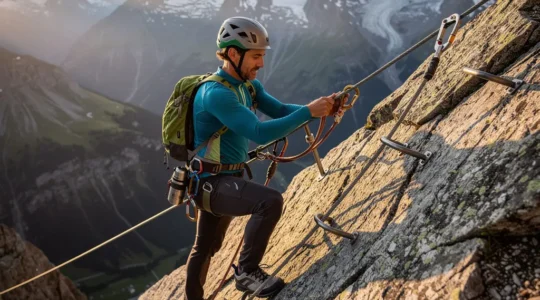 Sportlicher Anfänger auf einem gut gesicherten Schweizer Klettersteig mit atemberaubender Alpenpanoramsicht