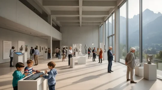 Zeitgenössisches Museum mit offener Architektur, wo Besucher verschiedener Generationen interaktiv erkunden