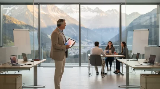 Moderne Führungskraft in einem offenen Schweizer Büro mit flexibler Arbeitsumgebung und Alpenpanorama