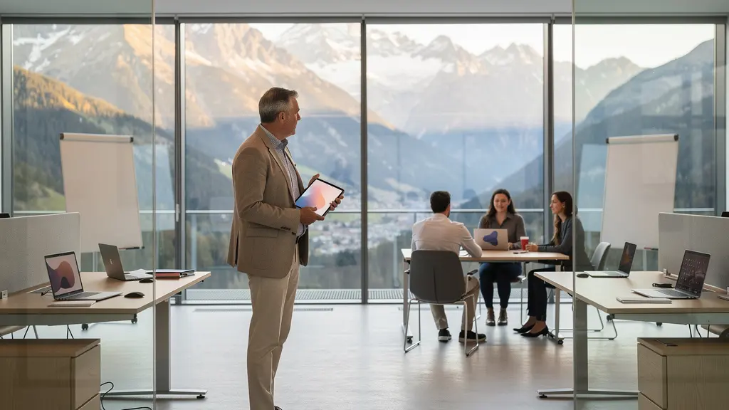Moderne Führungskraft in einem offenen Schweizer Büro mit flexibler Arbeitsumgebung und Alpenpanorama