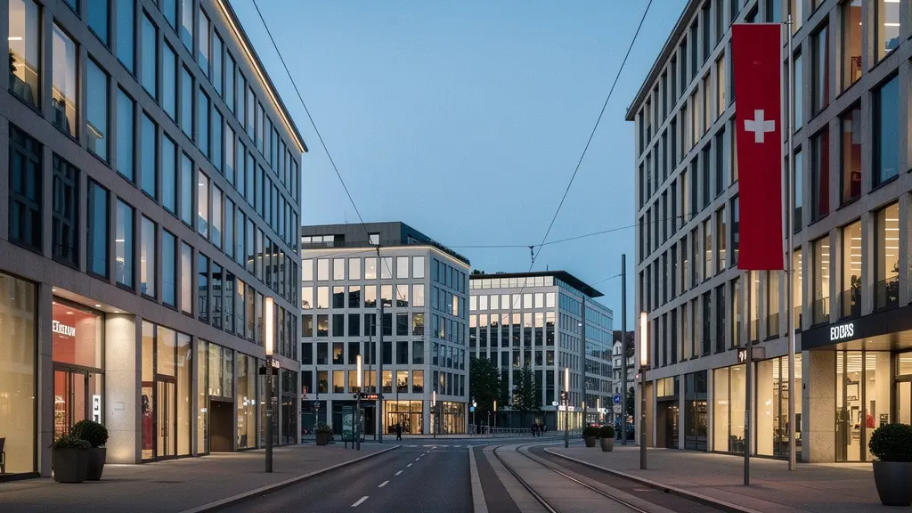 Weitwinkelansicht einer ruhigen Zürcher Stadtszene mit moderner Architektur und subtilen Schweiz-Bezügen als Symbol für Rechtssicherheit und Planbarkeit.