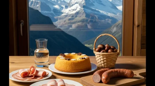 Vielfalt der kantonalen Spezialitäten der Schweiz auf einem rustikalen Holztisch präsentiert