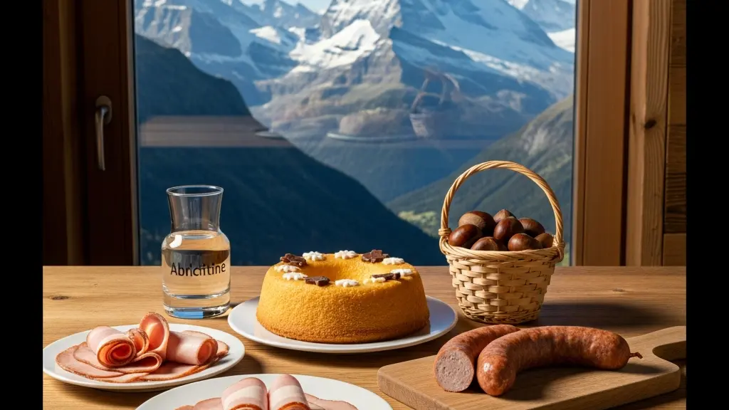Vielfalt der kantonalen Spezialitäten der Schweiz auf einem rustikalen Holztisch präsentiert