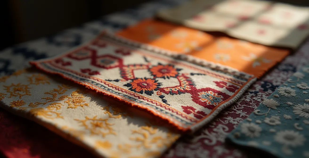 Nahaufnahme traditioneller Schweizer Trachtenstoffe mit charakteristischen Mustern