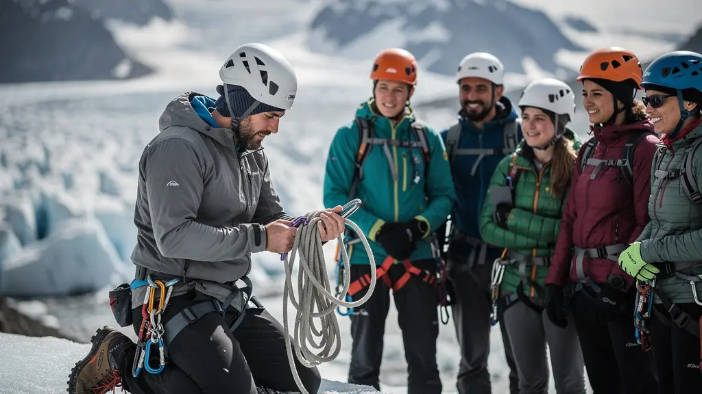 Geführte Anfängergruppe am Gletscherrand mit Bergführer bei Sicherheitseinweisung