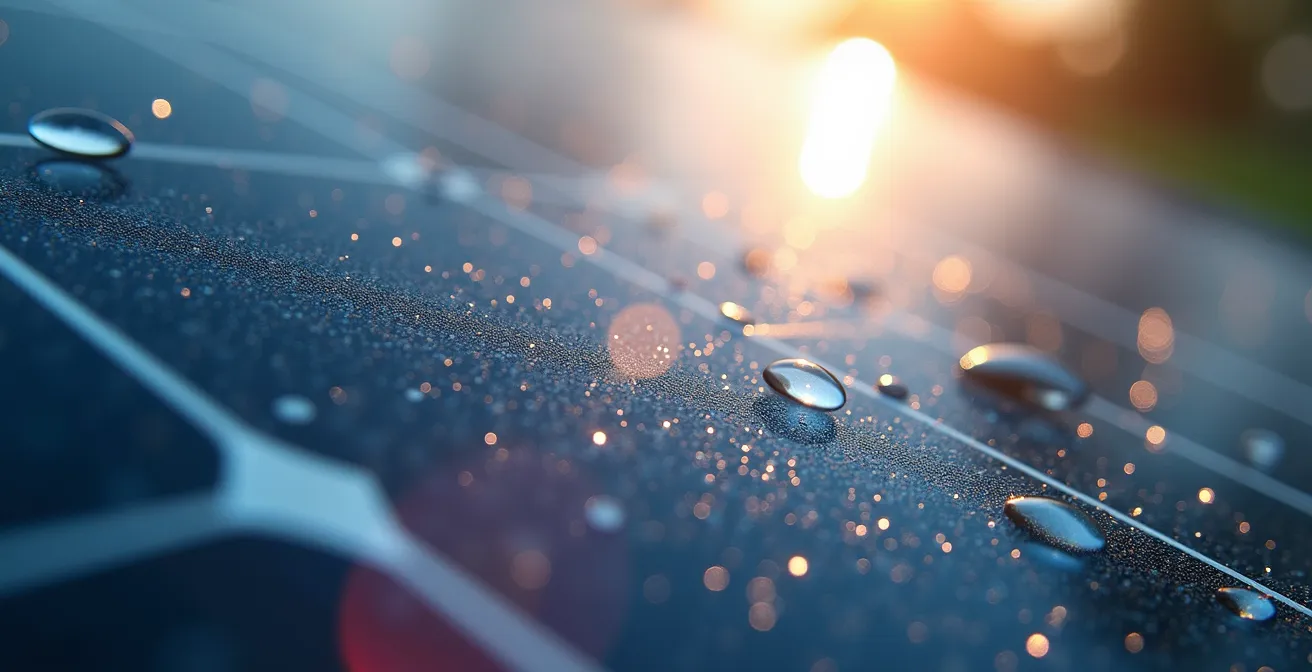 Makroaufnahme von Solarmodul-Oberfläche mit sichtbaren Verschmutzungspartikeln im Gegenlicht