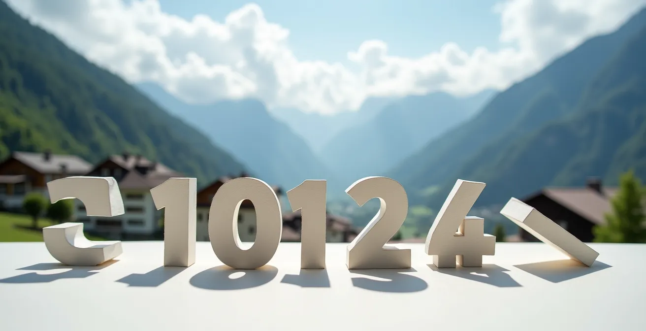 Abstrakte Darstellung des Stichtagsprinzips mit Kalenderblättern und Schweizer Landschaft