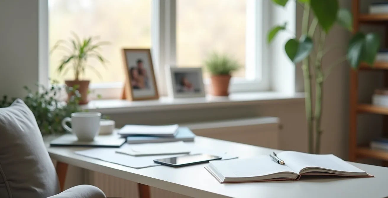 Arbeitsplatz mit Zeitplan und Familienfotos im Hintergrund