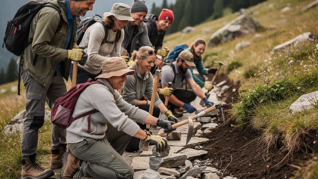 Wandergruppe beim gemeinsamen Wegunterhalt in Berglandschaft
