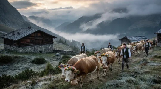 Geschmückte Kühe mit traditionellem Blumenschmuck beim authentischen Alpabzug in den Schweizer Bergen