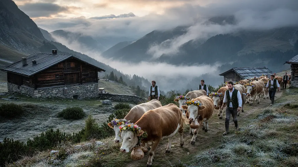 Geschmückte Kühe mit traditionellem Blumenschmuck beim authentischen Alpabzug in den Schweizer Bergen