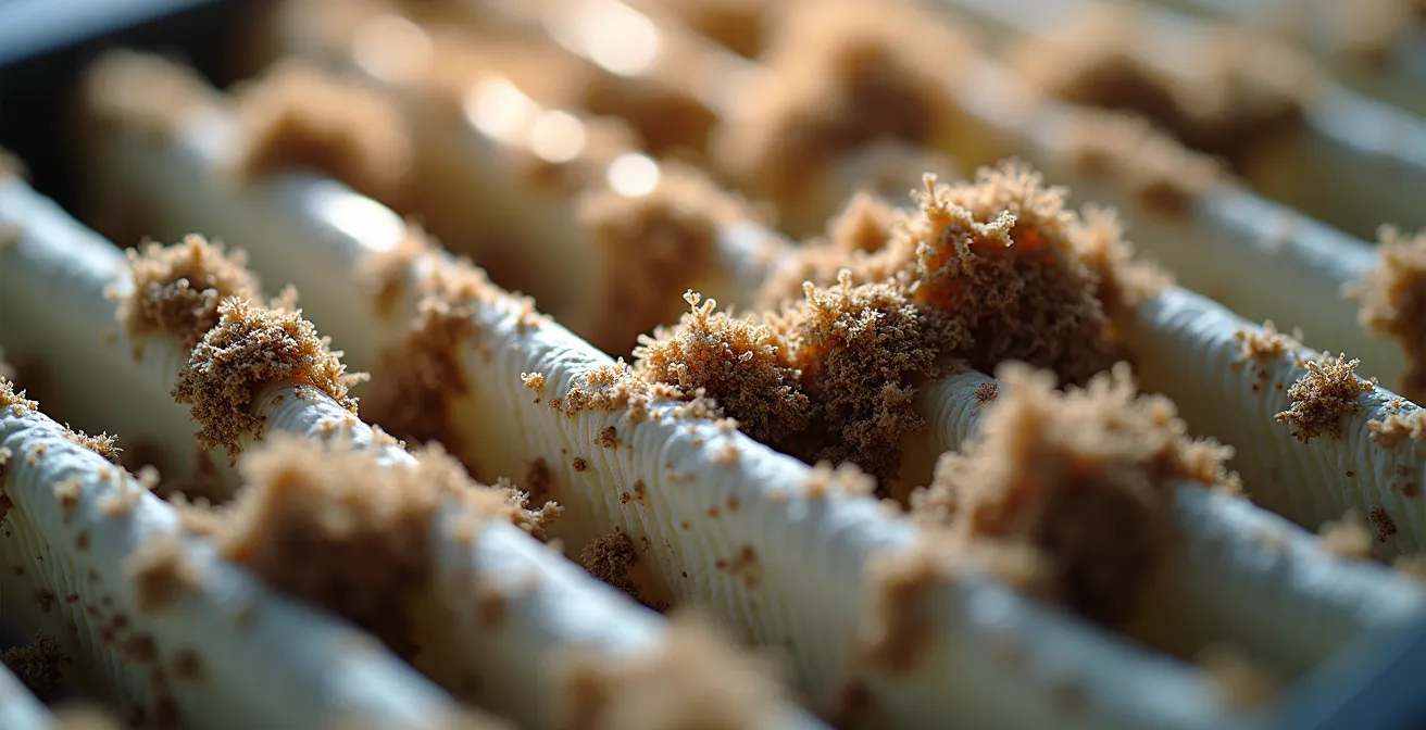 Makroaufnahme eines verschmutzten Lüftungsfilters mit sichtbaren Ablagerungen