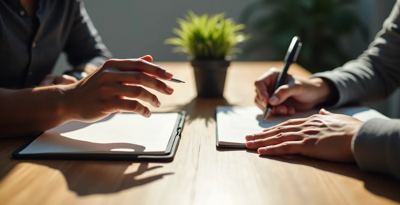 Zwei Personen im ruhigen Gespräch mit offener Körpersprache