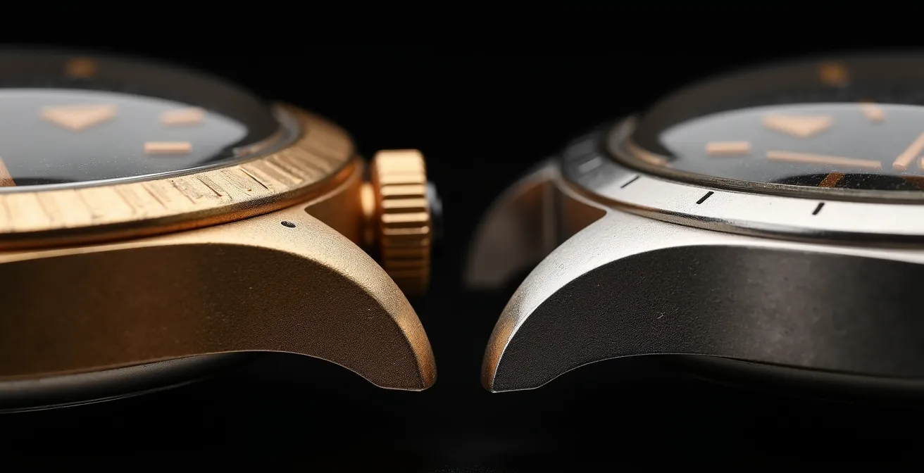 Makroaufnahme zeigt den Unterschied zwischen polierten und unpolierten Gehäusekanten bei Vintage-Uhren