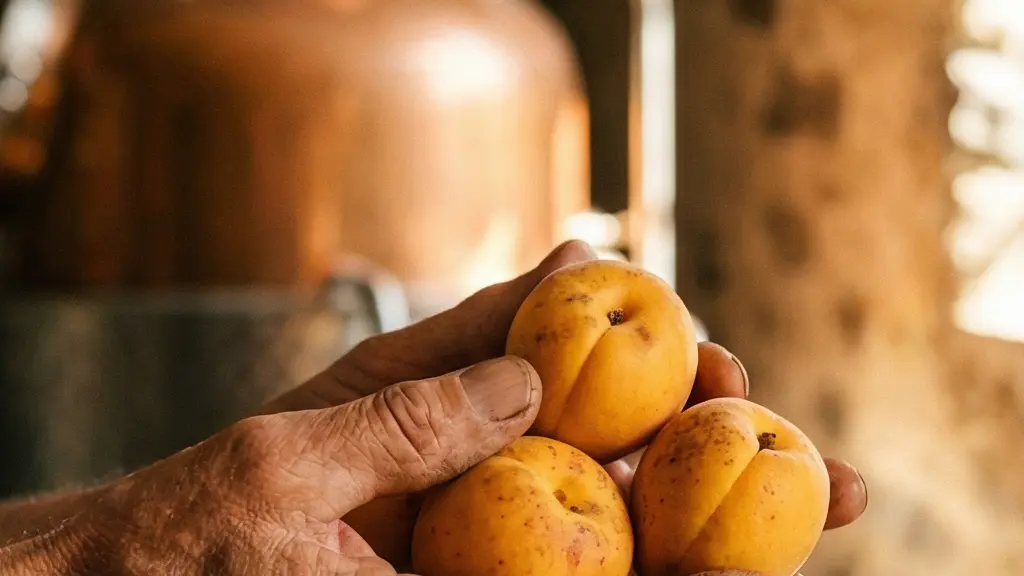 Reife goldene Luizet-Aprikosen auf einem rustikalen Holztisch neben einem kupfernen Destillierkolben im Walliser Sonnenlicht