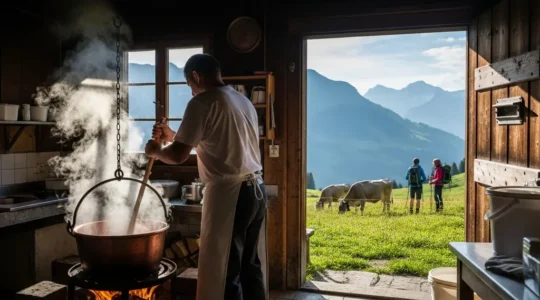 Ein Kaeser arbeitet in einer kleinen Alpkaserei, waehrend draussen sommerliche Alpenweiden mit Kuehen und Wildblumen im weichen Morgenlicht zu sehen sind.