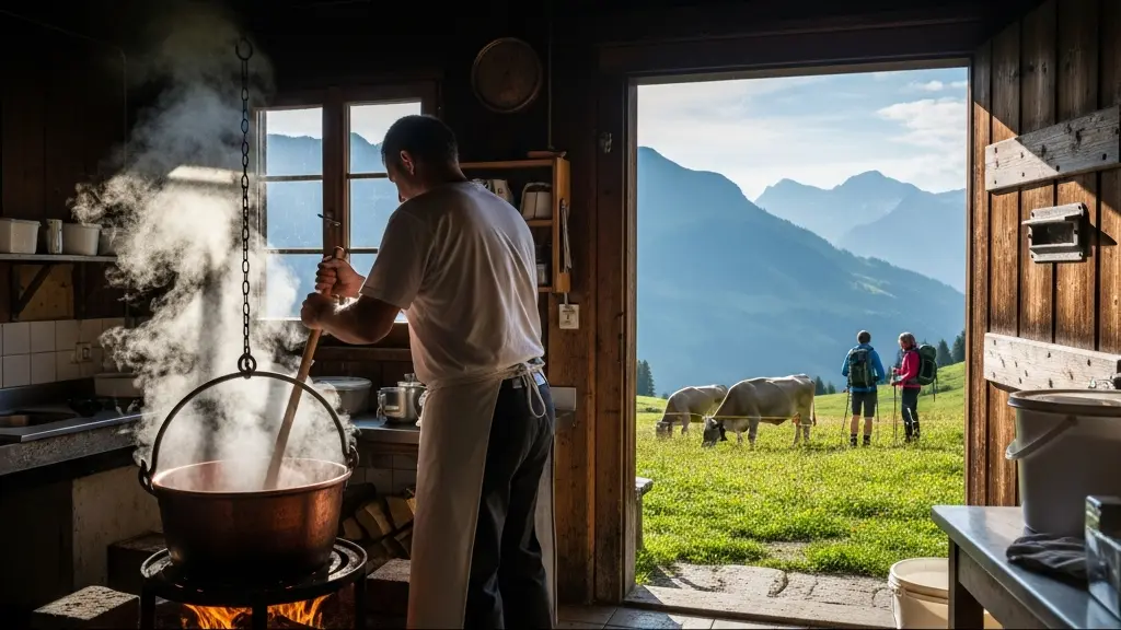 Ein Kaeser arbeitet in einer kleinen Alpkaserei, waehrend draussen sommerliche Alpenweiden mit Kuehen und Wildblumen im weichen Morgenlicht zu sehen sind.